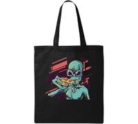 Alien UFO Munching On Pizza - Bolsa de algodón ecológico natural, color negro, Black, Talla única