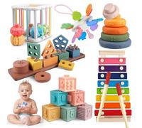 Aliex 6 in 1 Juguetes Montessori Bebes, Juguetes de Apilar y Encajar/Cubo/Bloques/Juguetes de Madera/Xilófono | Regalos para Bebés