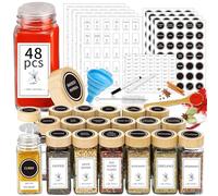 Aliggbent Tarros de especias con etiqueta, 48 tarros de especias de vidrio de 4 onzas con tapas de bambú, botellas de especias de vidrio con tapas agitadoras, embudo plegable, para estantes de