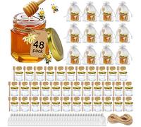 Aliggbent Tarros de miel, paquete de 48 mini tarros de fiesta a granel, 1.5 onzas de vidrio pequeño hexagonal con cuchara, tapas doradas, bonitos colgantes de abeja, bolsas de regalo y yute para baby