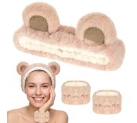 ALIIP Diadema Spa para Lavar Cara, Set de Muñequeras Anchos y Diadema de Suave Envoltura para Cabeza, Diademas para el Cabello Elástica, Cuidado Piel Banda de Muñequera para Sudor, Lindo Oso - 3 pcs