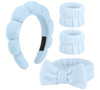 ALIIP Diadema Spa para Lavarse la Cara, Juego de 2 Diademas de Spa y 2 Muñequeras Suave para Mujer, Diadema Antideslizante con Esponja Nubes, Accesorio para Cuidado de la Piel y Maquillaje,4 pcs-Azul