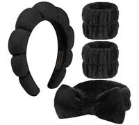 ALIIP Diadema Spa para Lavarse la Cara, Juego de 2 Diademas de Spa y 2 Muñequeras Suave para Mujer, Diadema Antideslizante con Esponja Nubes, Accesorio para Cuidado de la Piel y Maquillaje,4 pcs-Negro