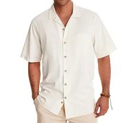 Alimens & Gentle Camisas de Lino y algodón para Hombre, Camisas de Manga Corta con Botones, Camisa Hawaiana de Verano para Hombre, A-Cremy Blanco, Medium