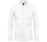 Alimens & Gentle Camisas de Vestir con Cuello de Banda para Hombre, sin Arrugas, Manga Larga, Cuello mandarín, Camisa Abotonada, Blanco, Medium