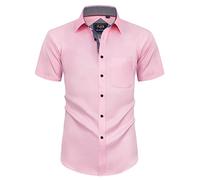 Alimens & Gentle Camisas de Vestir de Manga Corta para Hombre, sin Arrugas, Lisas, Casuales, con Botones, con Bolsillo, Rosa (B - Pink), Medium