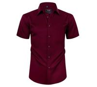 Alimens & Gentle Camisas de Vestir de Manga Corta para Hombre, sin Arrugas, Lisas, Informales, con Botones y Bolsillo, A- Rojo Vino, Medium