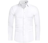 Alimens & Gentle Camisas de Vestir para Hombre, elásticas, Ajustadas, de Manga Larga, con Botones, sin Arrugas, Camisas Formales de Negocios, Blanco, Large