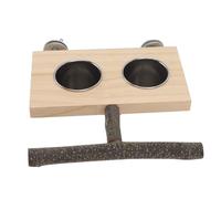 Alimentación en jaula de loro, soporte de perca de madera Tazas de alimentos de acero inoxidable Juguetes para pájaros Parakets espalda Budgie abedul alimentador de madera tazón para pájaros pequeños