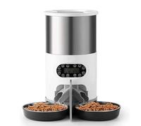 Alimentador inteligente de acero inoxidable para mascotas, fuente de alimentación dual, cantidad temporizada, cuenco doble, compatible con perros y gatos, suministros para mascotas (tipo botón, 4,5