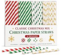 ALINK 100 pajitas de papel de Navidad, 4 diseños, pajitas de fiesta rojas | 19,68 x 0,61 cm, diseños navideños con rayas rojas, rayas verdes, árboles y copos de nieve dorados para suministros de fiesta