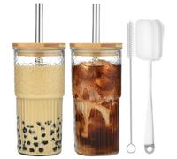 ALINK 2 vasos de agua de cristal transparente a rayas de 600 ml con tapa, vasos acanalados, vasos de agua, vasos largos, vasos de café helado, taza de té de burbujas