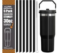 ALINK Pajitas de repuesto para vaso Stanley IceFlow de 30 onzas, paquete de 6 pajitas de plástico negro reutilizables compatibles con taza IceFlow de 30 onzas con cepillo de limpieza, diseño en ángulo