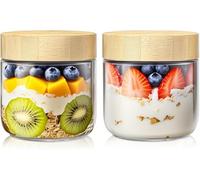 ALINK Tarros de vidrio de 10 onzas con tapas de bambú, sellados herméticamente, para yogur, ensalada, chia, cereales y comida para llevar, paquete de 2