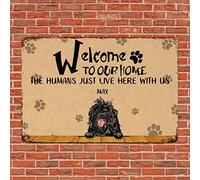 Alioyoit Letrero de metal divertido para perro, terrier tibetano, nombre de perro personalizado, bienvenido a nuestro hogar, póster de metal desgastado, decoración de pared para patio, hombre, cueva