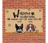 Alioyoit Placa de metal con texto en inglés "Welcome to Our Home The Humans Here with Us Pet Dog Door Hanger Rustic Metal Plate Pet Dog Wall Art Decor Dog Gift for Dog Mom