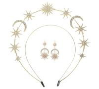 Alipis 1 juego de tocado y pendientes de diosa Sunburst: diadema de doble capa con estrellas y luna, ideal para fiestas de cumpleaños, bailes de graduación y bodas.