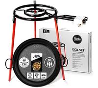 Alises - Juego de cocina de paella (Eco-Set) con Paellera de acero esmaltado (46 cm) - Doble quemador de gas (40 cm) y trípode