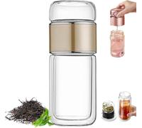 Alivefuser Tea Infuser, Alivefuser 3-in-1double Layer Glass Tea Diffuser Bottle, with Filter & Lid, Portable Water Separation Glass Cup, for Loose Leaf (Gold,280ml)