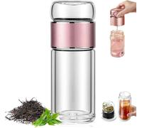 Alivefuser Tea Infuser, Alivefuser 3-in-1double Layer Glass Tea Diffuser Bottle, with Filter & Lid, Portable Water Separation Glass Cup, for Loose Leaf (Pink,280ml)