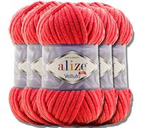 Alize 5 ovillos de lana turca Velluto, 100 g, lana de chenilla supervoluminosa, suave para bebé, hilo de punto a mano, para ganchillo, suave de chenilla, para amigurumi (rojo, 56)