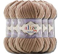 Alize 5 ovillos de lana turca Velluto, 100 g, lana de chenilla supervoluminosa, suave para bebé, hilo de punto a mano, para ganchillo, suave de chenilla, para amigurumi (Tobacco Brown, 329)