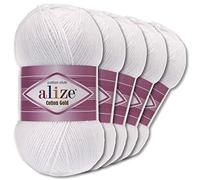 Alize 5 x 100 g de lana de algodón dorado premium, 39 colores, para tejer amigurumi (55, blanco)