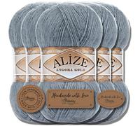 Alize 5x 100g Angora Gold Lana Turca Premium Algodón y Acrílico Hilados de tejer manuales lisos | Hilo de tejer Lana de bebé Unicolor para ganchillo Tejer Bufandas (gris medio | 87)