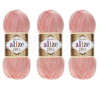 Alize Diva - Hilo 100 % microfibra acrílica efecto seda, lote de 3 madejas de 400 g, 1200 m (1314 yardas), color (145 - Polvo)