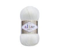 Alize Diva - Hilo acrílico 100% microfibra efecto sedoso, hilo de ganchillo para manualidades, paquete de 2 madejas, cada madeja de 100 g, 350 m, color blanco azúcar 1055