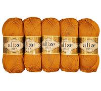Alize Diva - Juego de 5 ovillos de lana de 100 g, color liso, batik, lana mercerizada, con microfibra acrílica, para hacer punto, 500 g en total, color cúrcuma 488