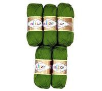 Alize Diva - Juego de 5 ovillos de lana de 100 g, color liso, batik, lana mercerizada, con microfibra acrílica, para hacer punto, 500 g en total, color verde 210