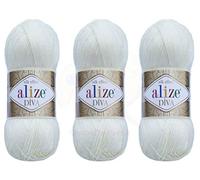 Alize Diva Yarn - Hilo acrílico 100% microfibra efecto seda, hilo de ganchillo para manualidades, paquete de 3 madejas de 400 g, 1314 yardas, color blanco azúcar