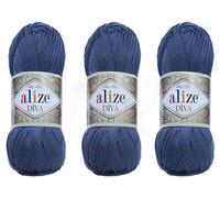 Alize Diva Yarn - Hilo para tejer a mano, 100 % microfibra acrílica, hilo de efecto seda Alize Diva, hilo de ganchillo para manualidades, lote de 3 madejas de 400 g, 1314 yardas, color (353 - índigo)