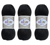 Alize Diva Yarn - Hilo para tejer a mano, 100 % microfibra acrílica, hilo de efecto seda Alize Diva, hilo de ganchillo para manualidades, paquete de 3 madejas de 400 g, 1314 yardas, color (60 - negro)