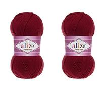 Alize Hilo de algodón dorado, 55% algodón, 45% acrílico, para tejer a mano, lote de 2 madejas de 200 g, 722 yardas (390-cereza)