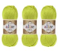 Alize Hilo Diva 100 % microfibra acrílica, hilo de efecto seda Alize Diva, hilo de ganchillo arte encaje manualidades, paquete de 3 madejas de 400 g, 1201 m, color (109 - Lima)