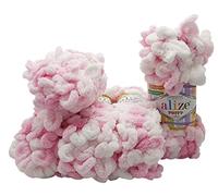 Alize Puffy Color 5 ovillos de 100 g, 500 gramos de lana para tejer con los dedos, multicolor, súper voluminosa, lana con trabillas, para tejer sin aguja (rosa y blanco 5863)