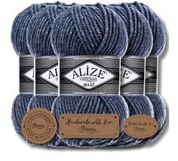 Alize Superlana Maxi - 5 ovillos de 100 g de lana turca de algodón y acrílico liso, hilo para tejer, hilado, hilo para tejer, monocolor, bebé, para tejer ropa (Denim Melange - 203)