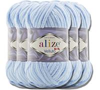 Alize Velluto - Lote de 5 ovillos de lana turca de 100 g cada una - Super Bulky - Ovillo XXL para Amigurumi - Suave - Lana de bebé para ganchillo y tejido (Azul bebé - 218)