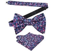 Alizeal Pajarita y pañuelo preatados con estampado floral para hombre, para bodas, negocios, fiestas, juego de pajarita natural, Azul marino y magenta, Taille unique