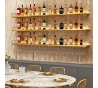 Alkmla 160cm Botellero de Pared Industrial Multifuncional Luz LED，Oro | 3 Niveles Moderno Botellero de Metal con portavasos de, Estante para Vino Apto para Cocina, Bar, Cafetería y decoración