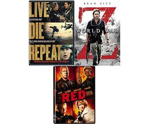 All Action All 3 DVD Triple Pack: Set World War Z Brad Pitt + Live Die Repeat Tom Cruise + Red Bruce Willis (3 DVD Zombie / Alien Set)