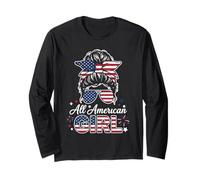 All American Girl Messy Bun USA Estilo patriótico Manga Larga