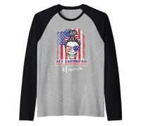All American Mama Patriotic Messy Bun Skull USA 4th of July Camiseta Manga Raglan