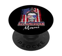 All American Mami Patriotic Messy Bun Skull USA 4th of July PopSockets PopGrip Adhesivo