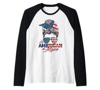 All American Mom 4th July Messy Bun Us Flag Día de la Independencia Camiseta Manga Raglan