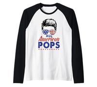 All American Pops Grandpa Sunglasses USA Flag 4th of July Camiseta Manga Raglan