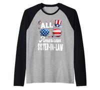 All American Sister In Law USA Flag Sunglasses 4th of July Camiseta Manga Raglan
