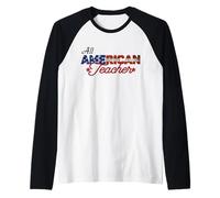 All American Teacher 4 de Julio Messy Bun Us Flag Camiseta Manga Raglan